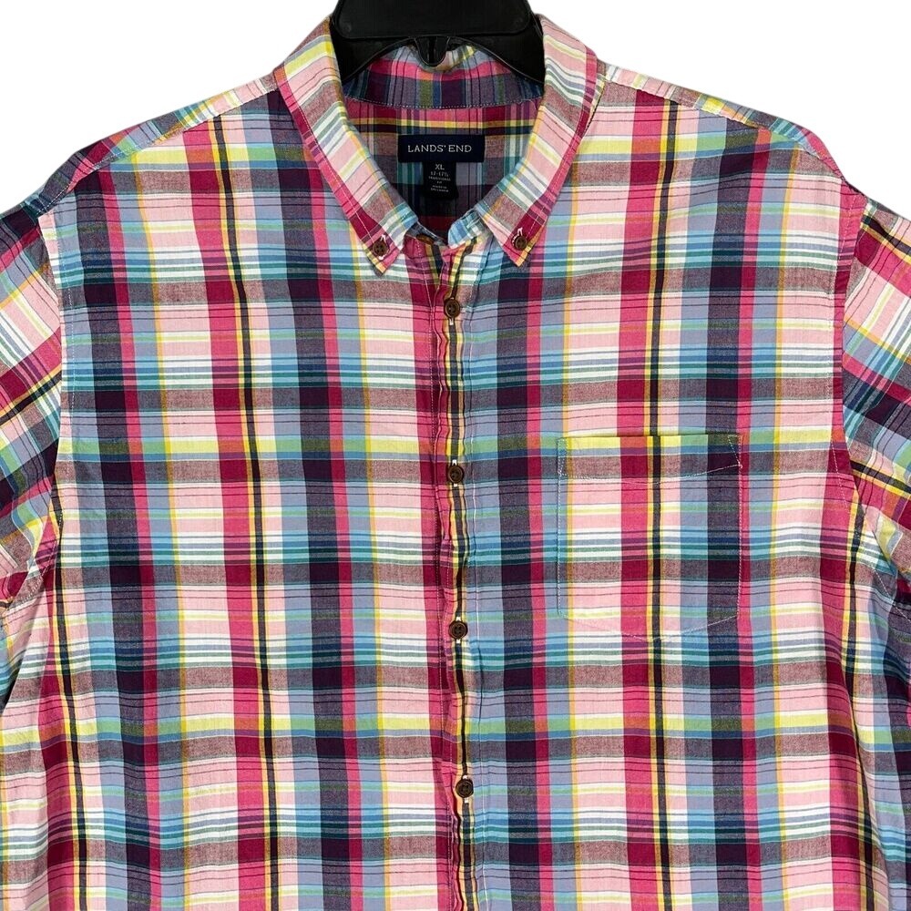 Lands End Traditional Short‎ Sleeve Plaid Shirt Extra Large Mens Business Casual